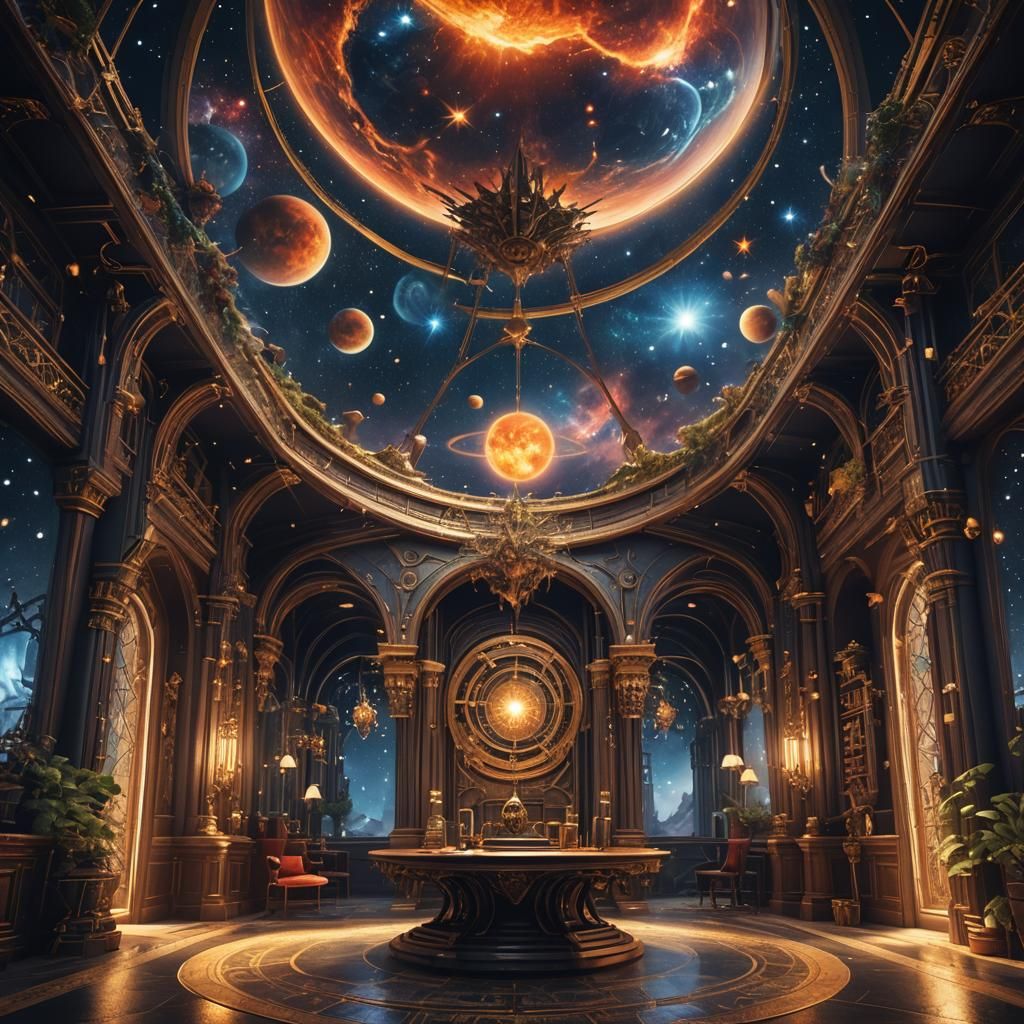 Surreal Cosmic Brain with Stars and Planets in Deep Colors