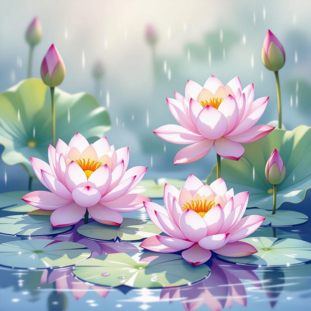 Ethereal Lotus Flowers Glistening After Rain in Watercolor S...