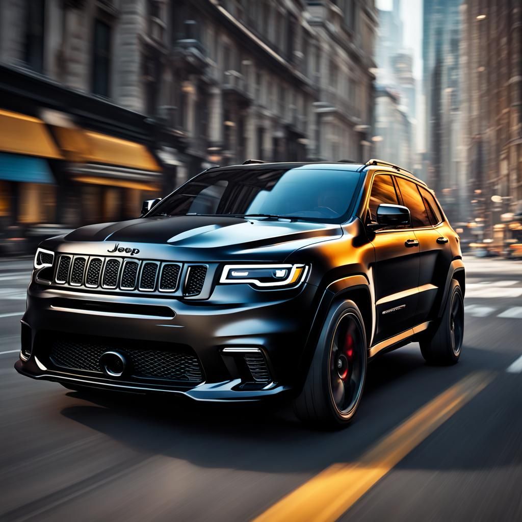 Black Jeep Trackhawk in Hyperrealistic Cityscape