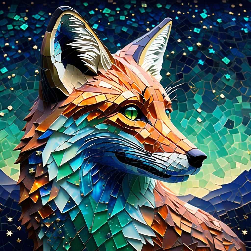 Mosaic Fox in Starry Night: Fantasy Concept Art