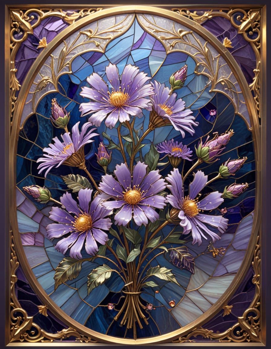 Stained Glass Aster Flowers in Gold Frame