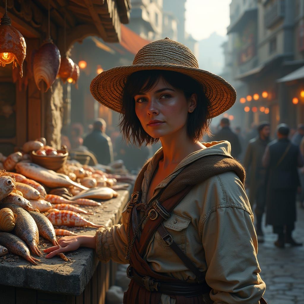 Medieval Fish Market Fantasy Scene with Sturdy Woman