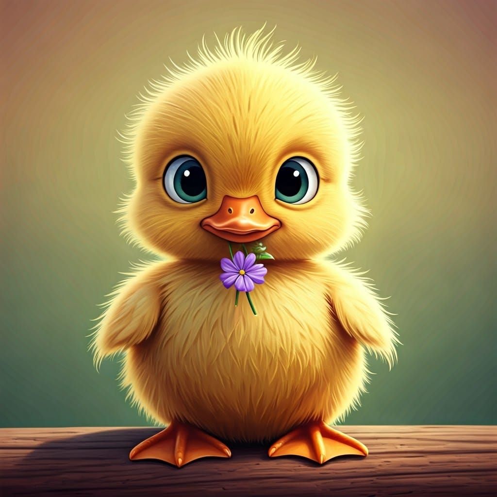 Duckling with Flower in Cartoon Animation Style