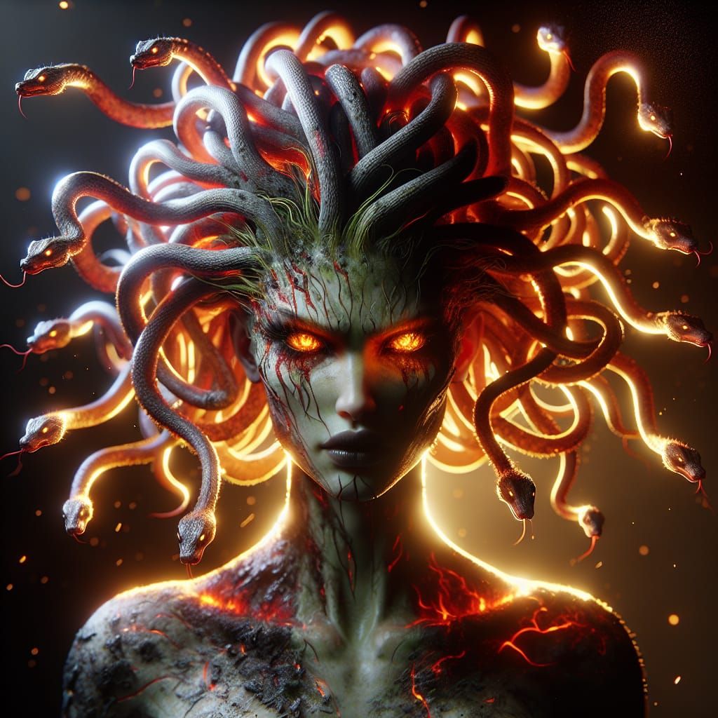 Captivating Medusa Portrait with Fiery Eyes
