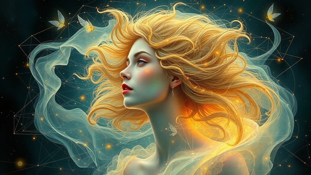 Surreal Goddess in Liquid Opal Aura, Blending Klimt's Golden...