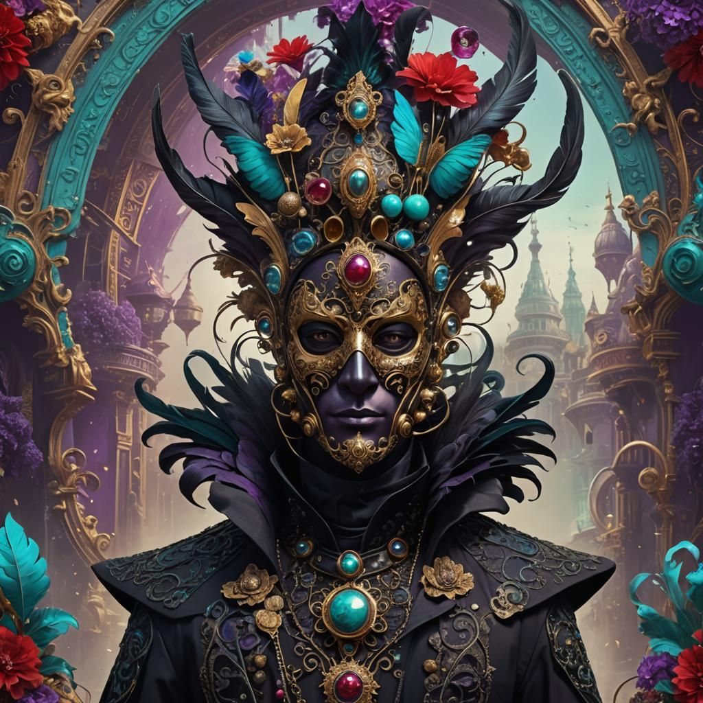 Masked Figure in Surreal Cityscape