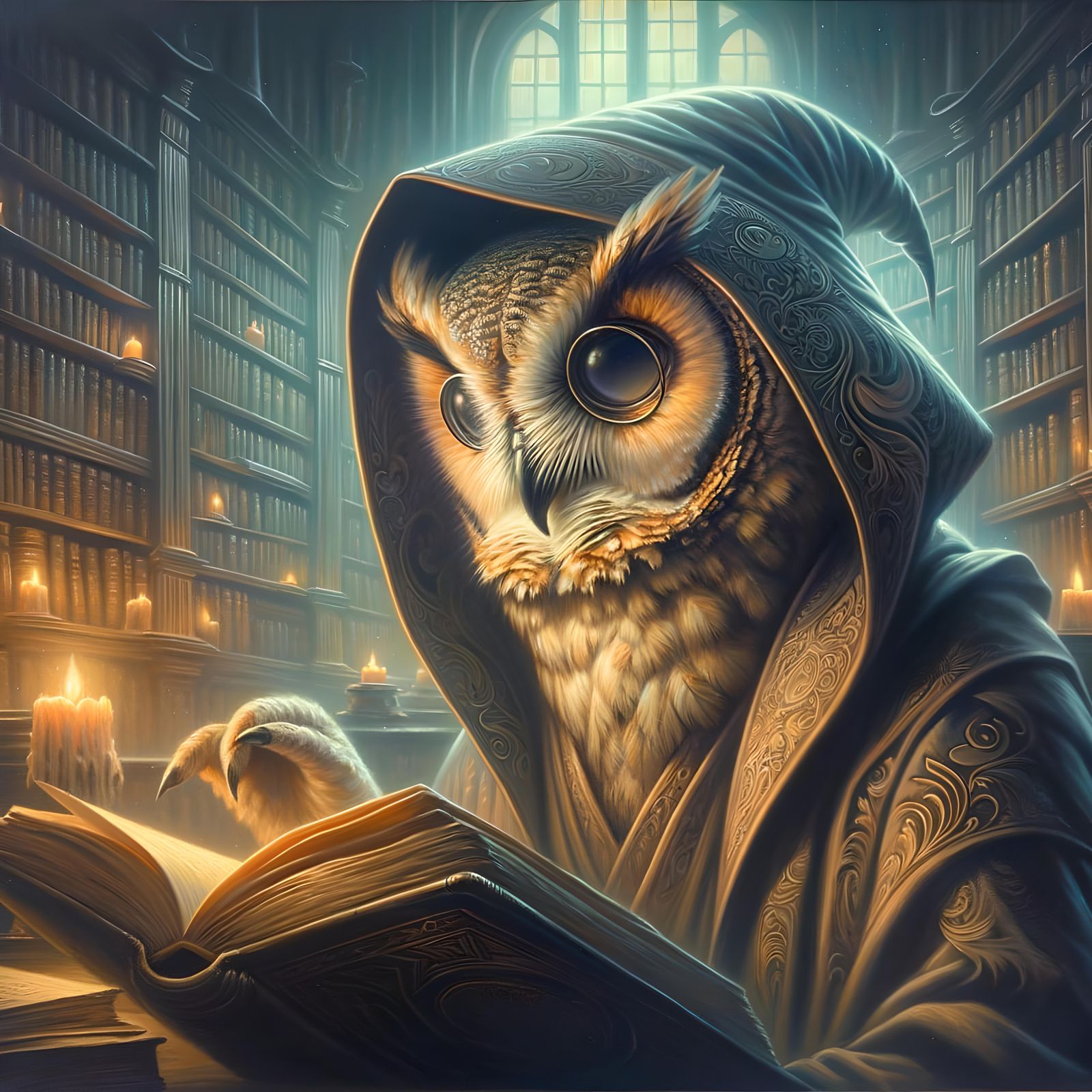 Victorian Owl Wizard Studying Magic Spell