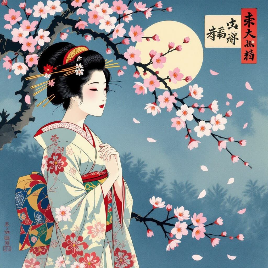 Fragile Cherry Blossoms in Moonlight: Ukiyo-e Style