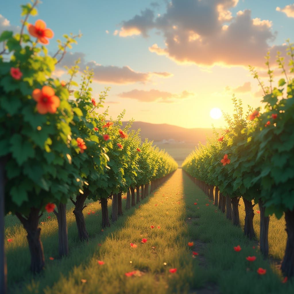 Serenely Golden Vineyard Landscape at Dusk