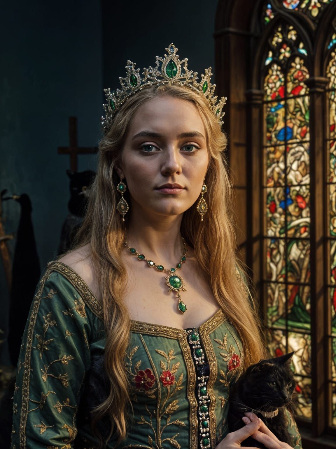 Medieval Queen with Feline Companion in Opulent Crown