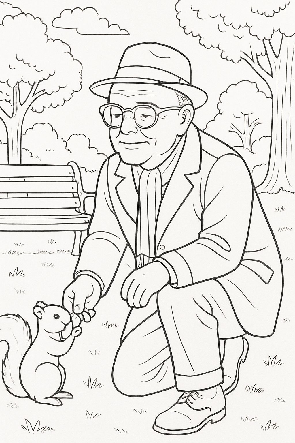 Coloring book page, Truman Capote feeding a squirrel in the park