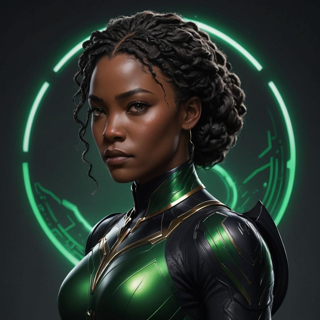 Nakia Portrait in Green Suit, Hyperdetailed Concept Art