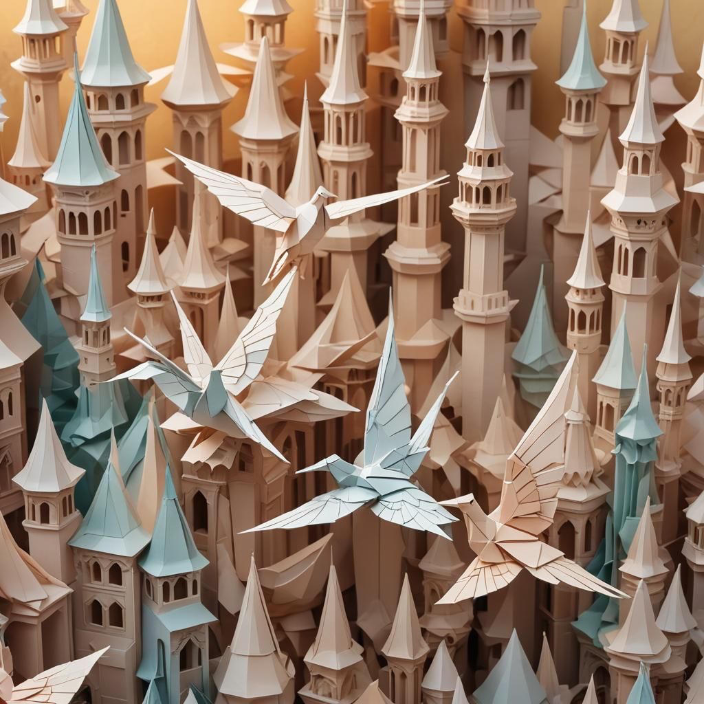 Origami Ababil Birds Over Mecca in Watercolor Style