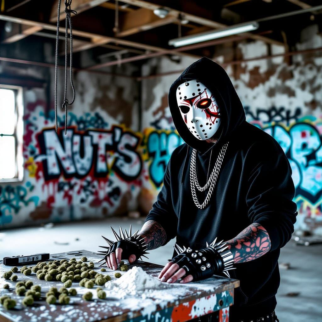 Abandoned Industrial Loft with Graffiti and Masked Figure