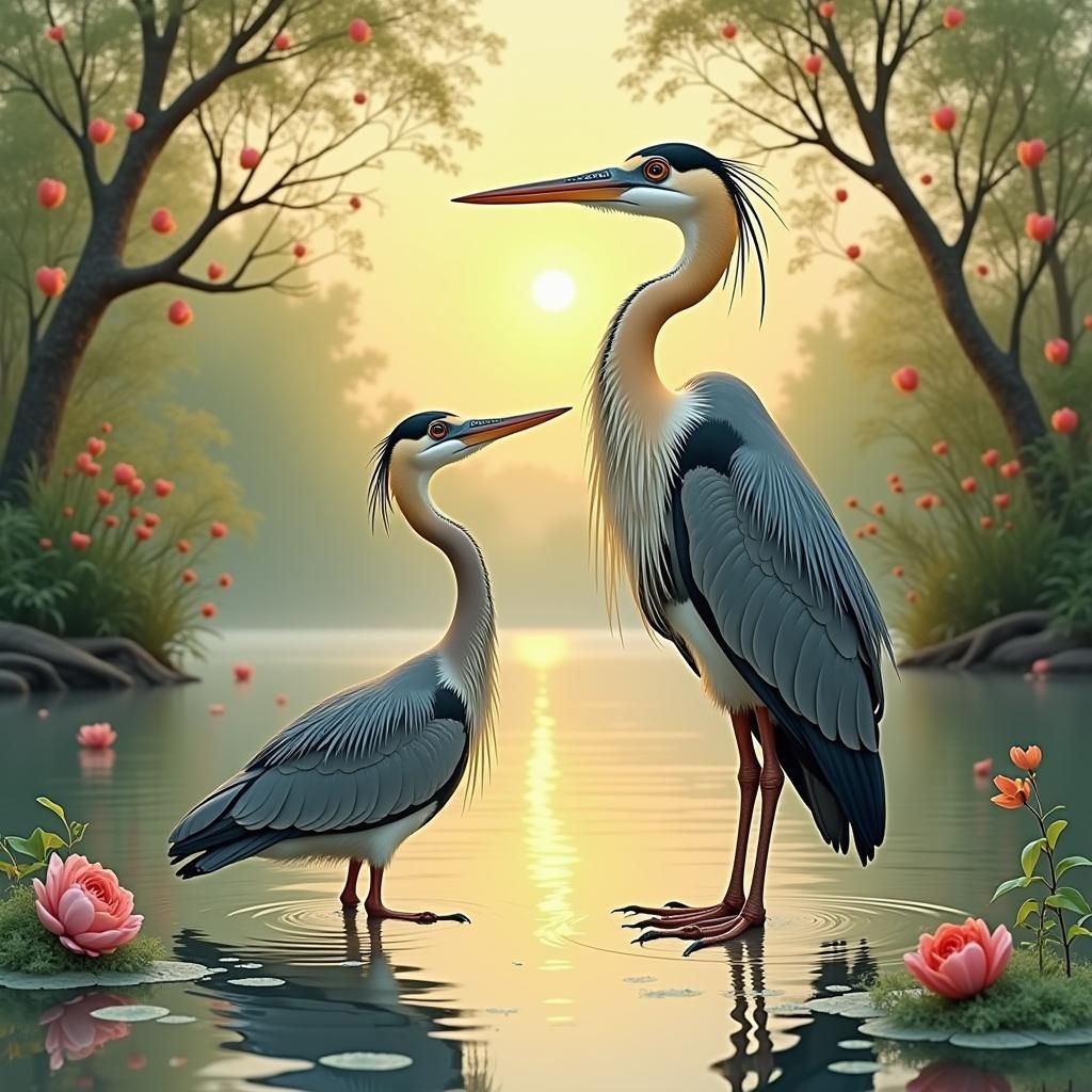 Romantic Stork Serenades Heron in Watercolor Illustration