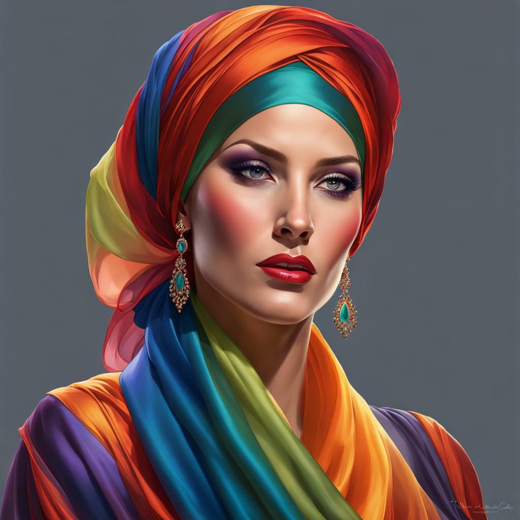 Rainbow Headscarf Portrait in Digital Art Style