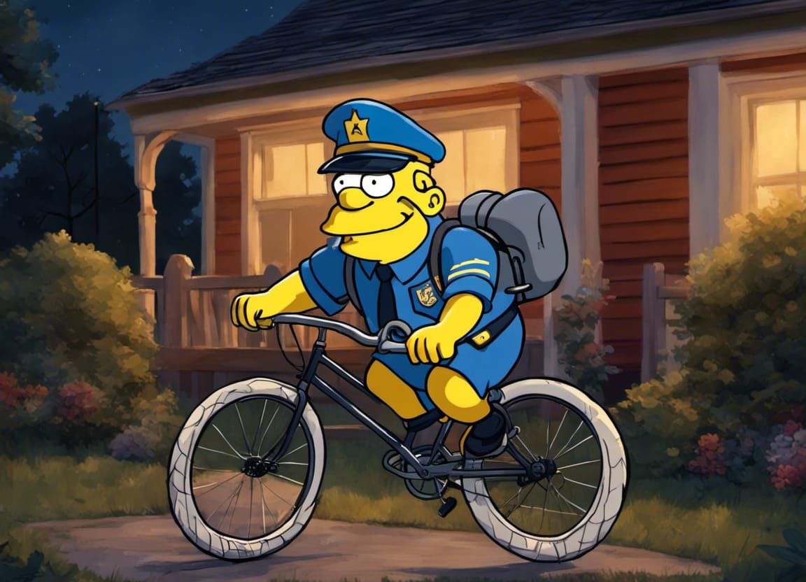 Energetic Clancy Wiggum riding a bicycle in his backyard