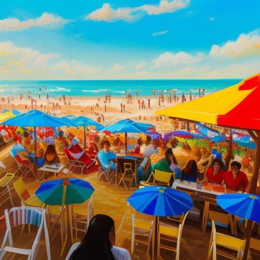 Crowded Beach Chiringuito in Neo-Impressionist Style