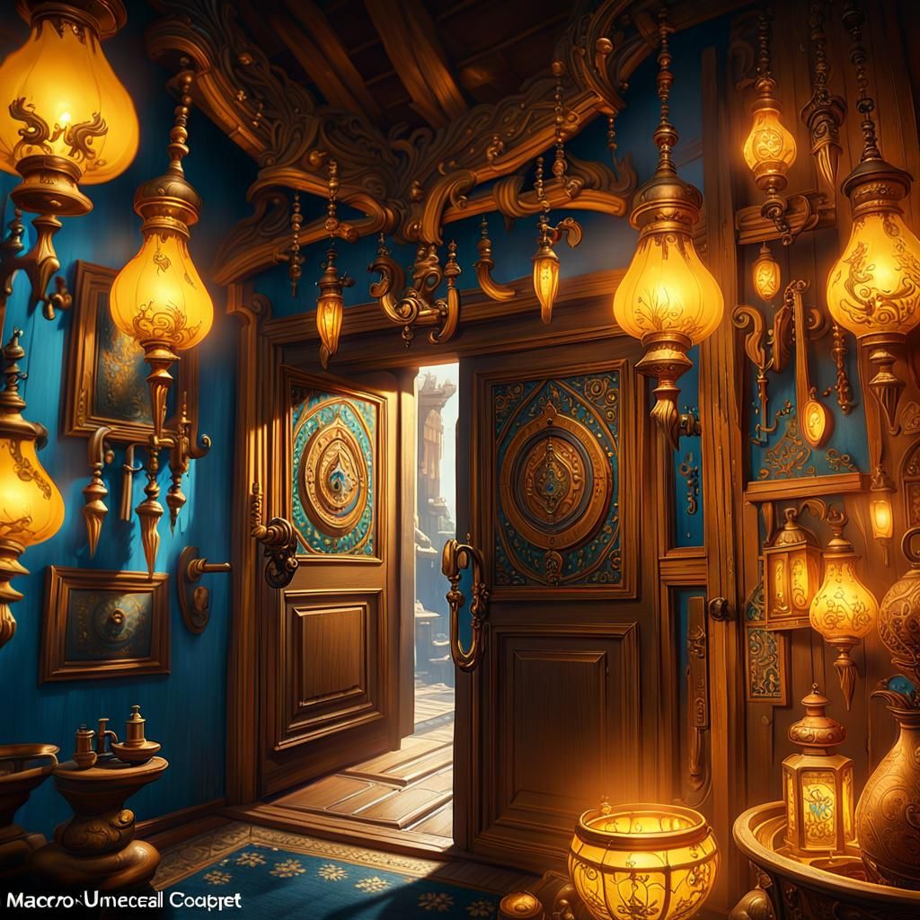 Frightened Man Locks Door in Yellow-Lit Fantasy Art