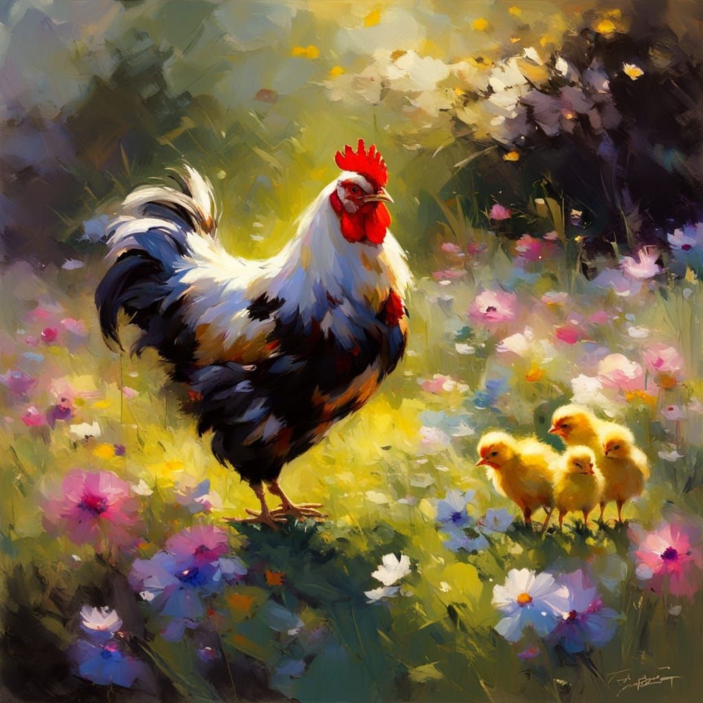 Vibrant Spring Scene of Mother Hen and Chicks in a Meadow