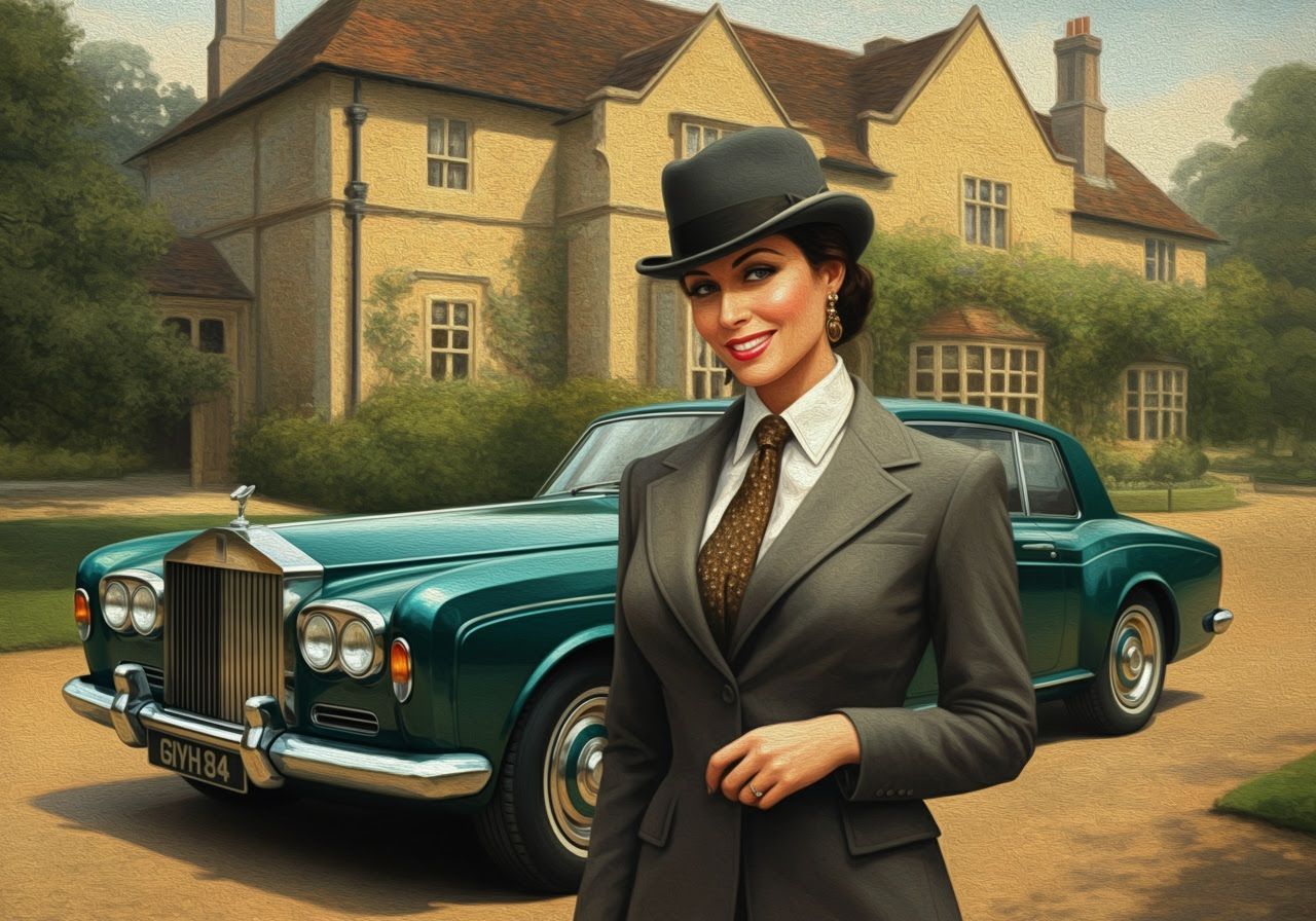 Elegant Woman by Rolls Royce, Impressionistic Oil Painting