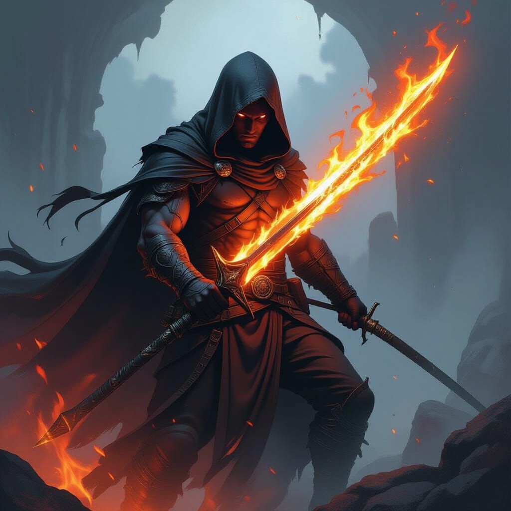 Dark Hooded Warrior Wields Blazing Fire Sword
