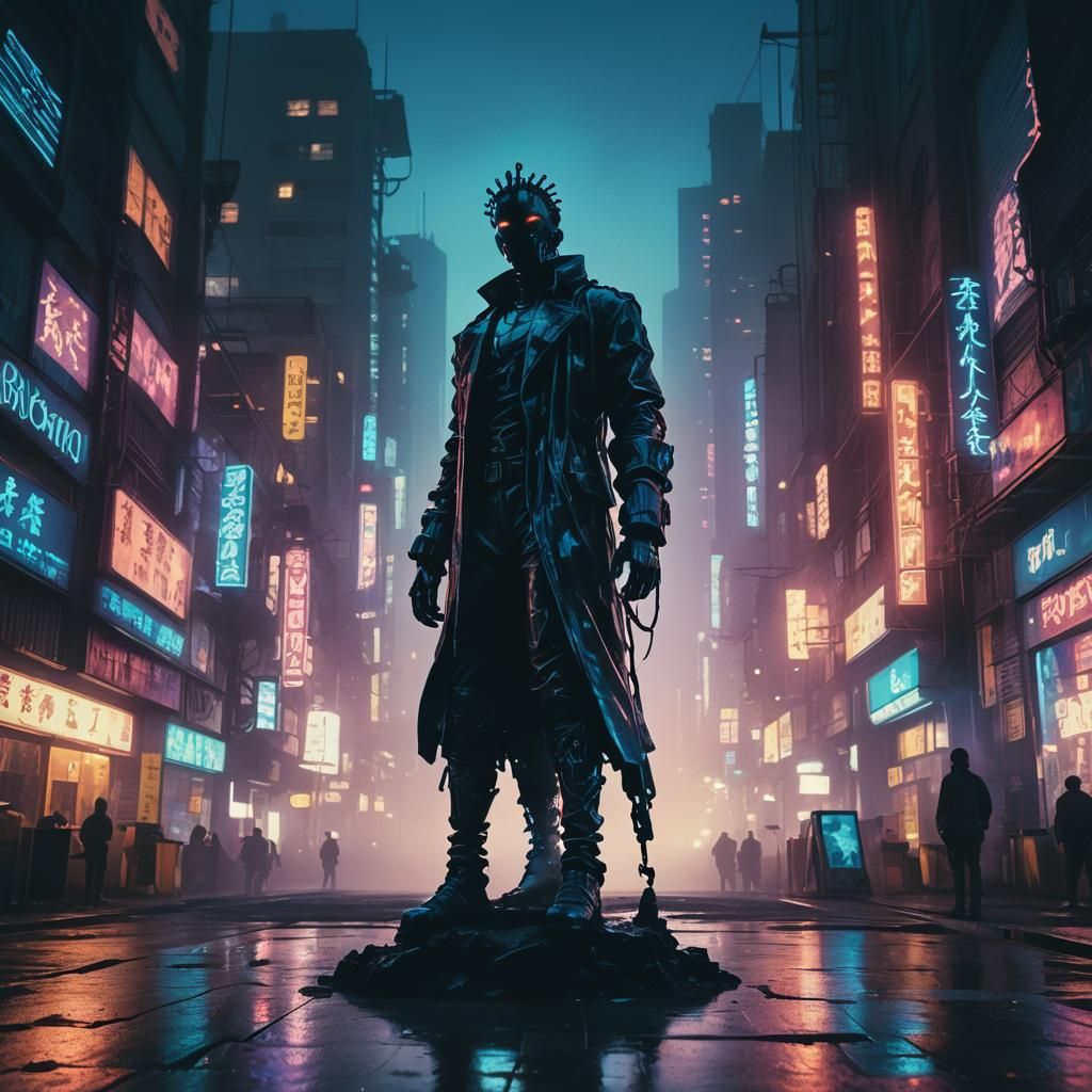 Cyberpunk Statue Rises Over Dystopian Cityscape