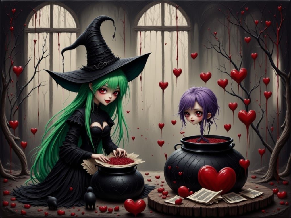 Gothic Anime Witch Casts Love Spell in Surreal Cottage