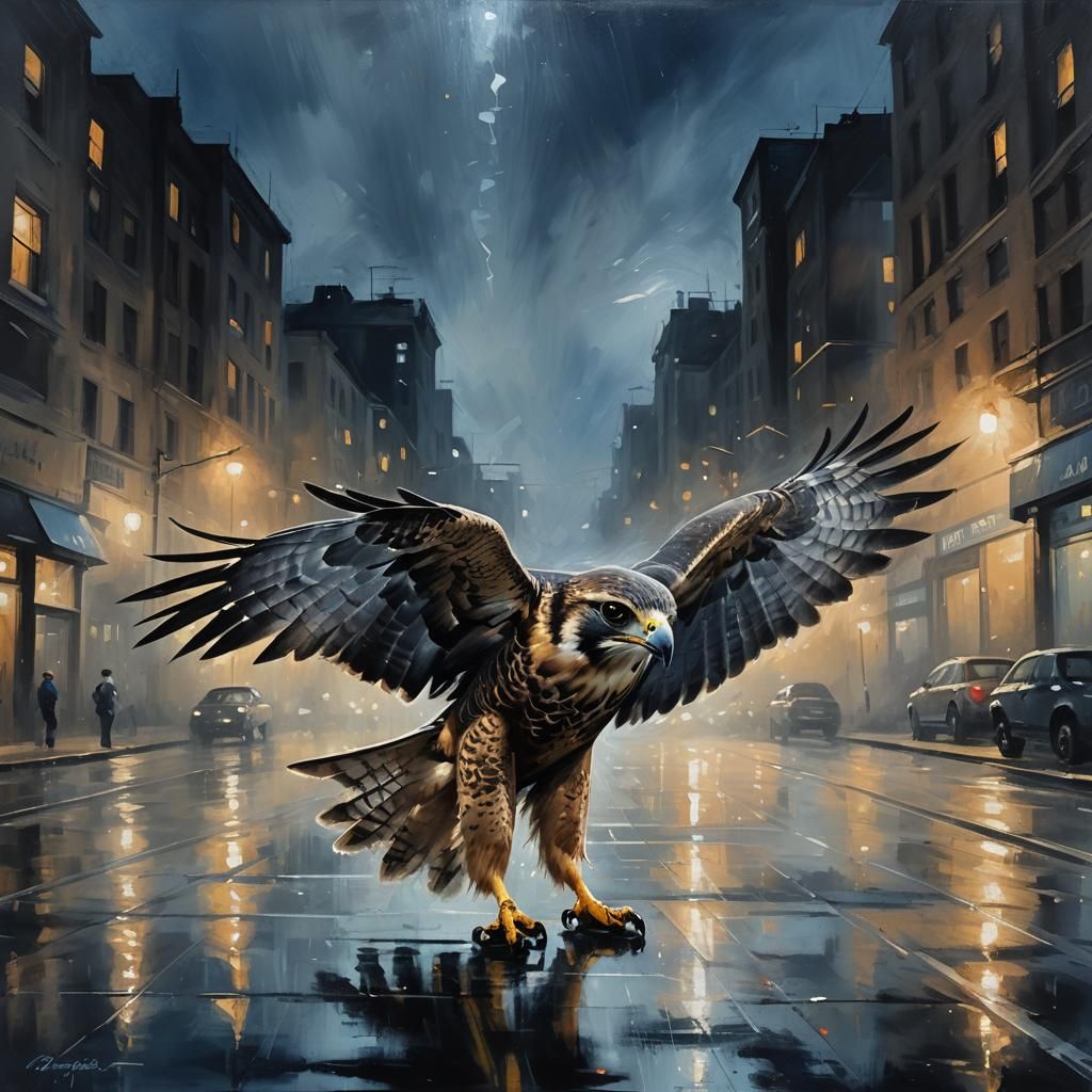 Falcon Wheeling in Opalescent Night: Impressionist Oil Paint...