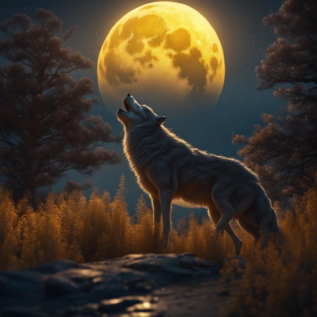 Wolf Howling at Dusk Under Yellow Moon