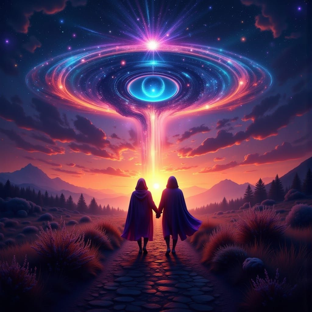 Cosmic sunset with ufo overhead two walk hand in hand undern...