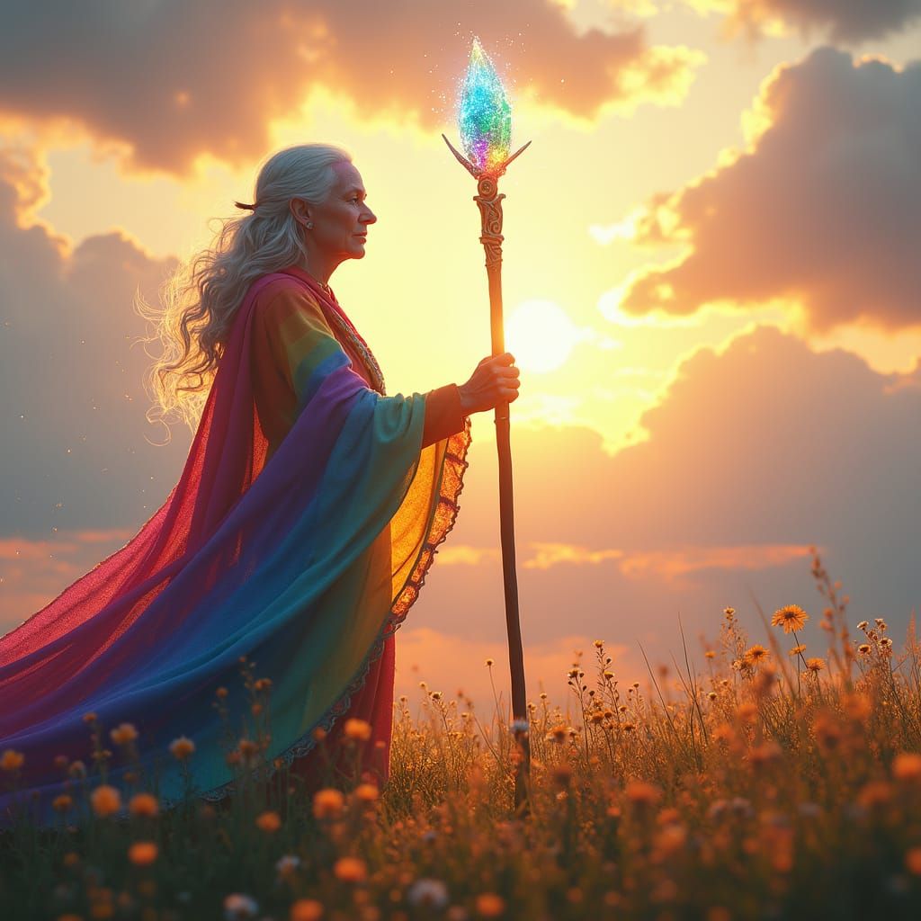 Wizard Woman Under Rainbow Sky in Luminous Meadow