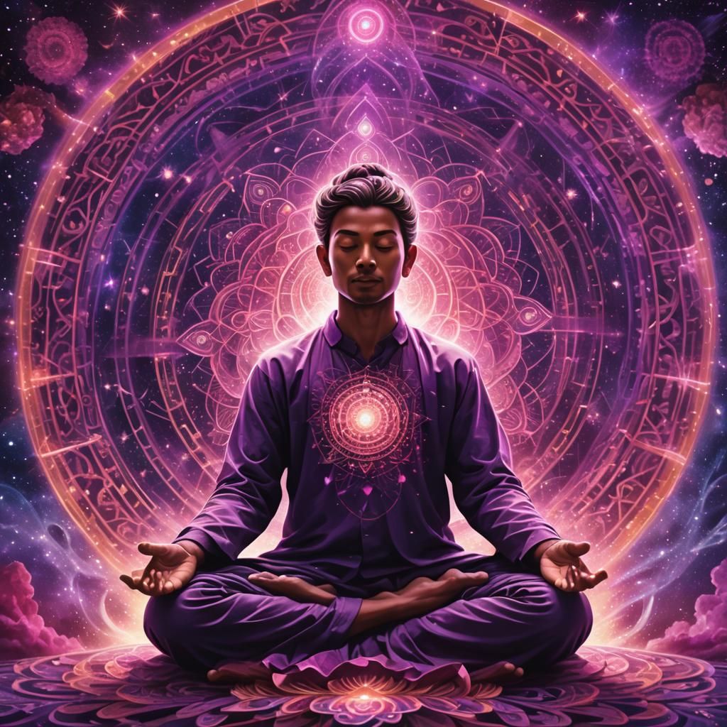 Meditating Figure in Cosmic Mixed Media Illustration