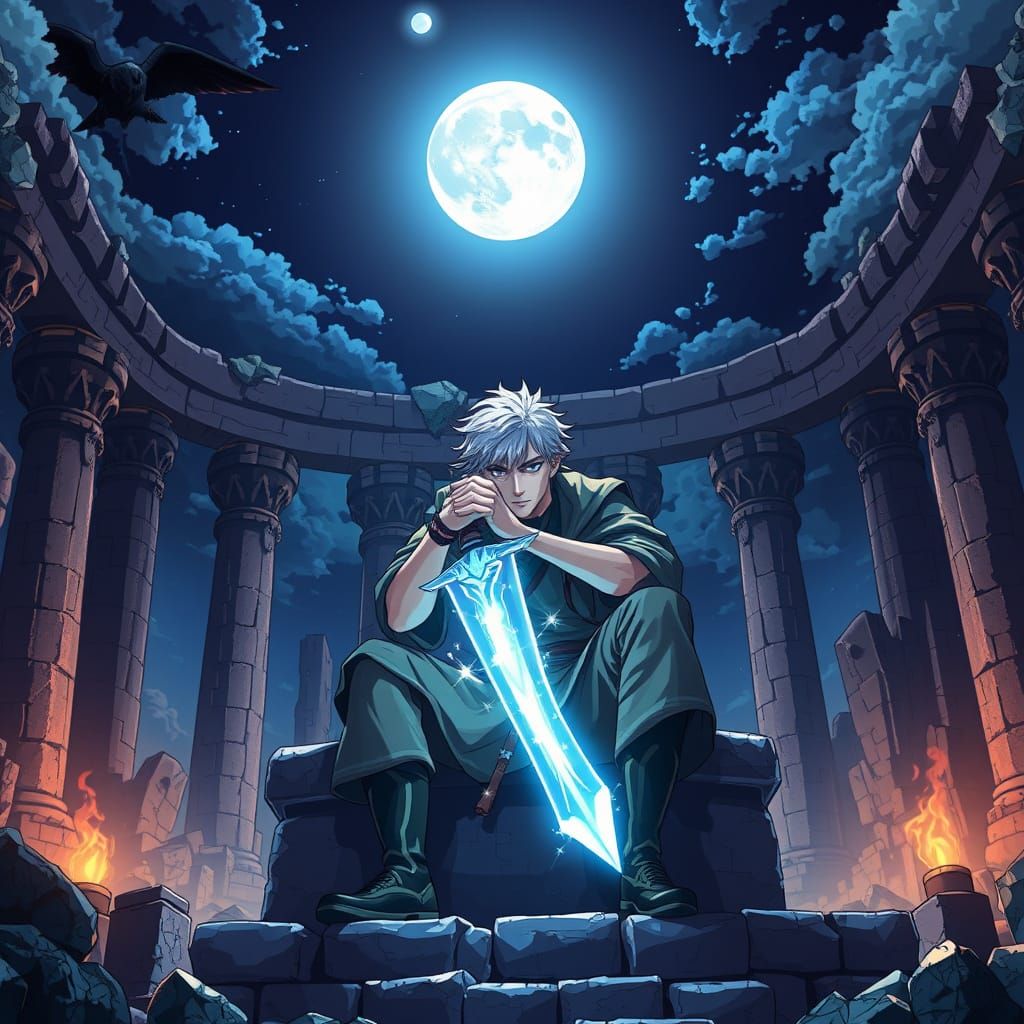 Silver-Haired Warrior Basks in Moonlit Temple Ruins