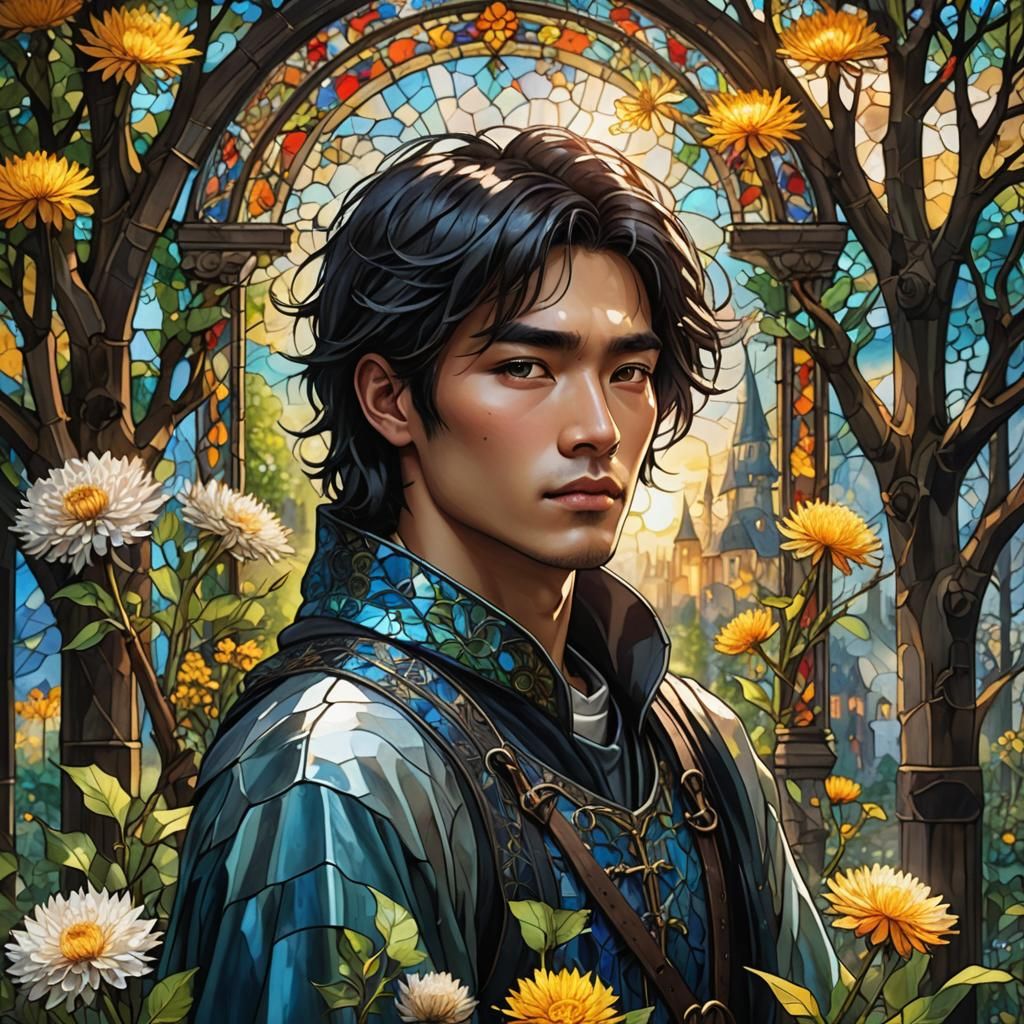 Stained Glass Medieval Village with Asian Man