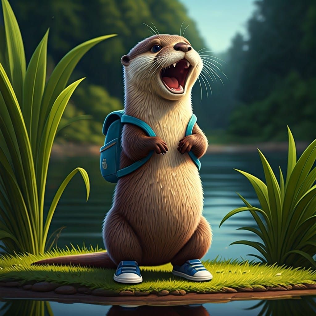 Excited Otter with Backpack in Cartoon Saloon Style