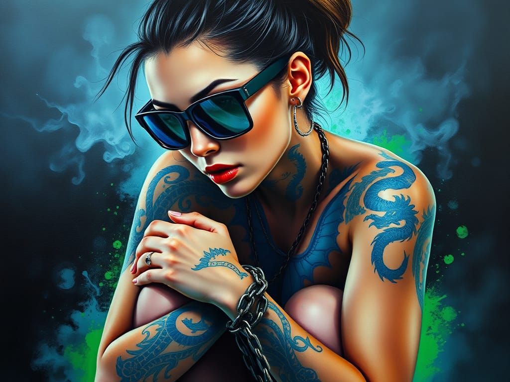 Woman with Dragon Tattoo in Gritty Splash Art