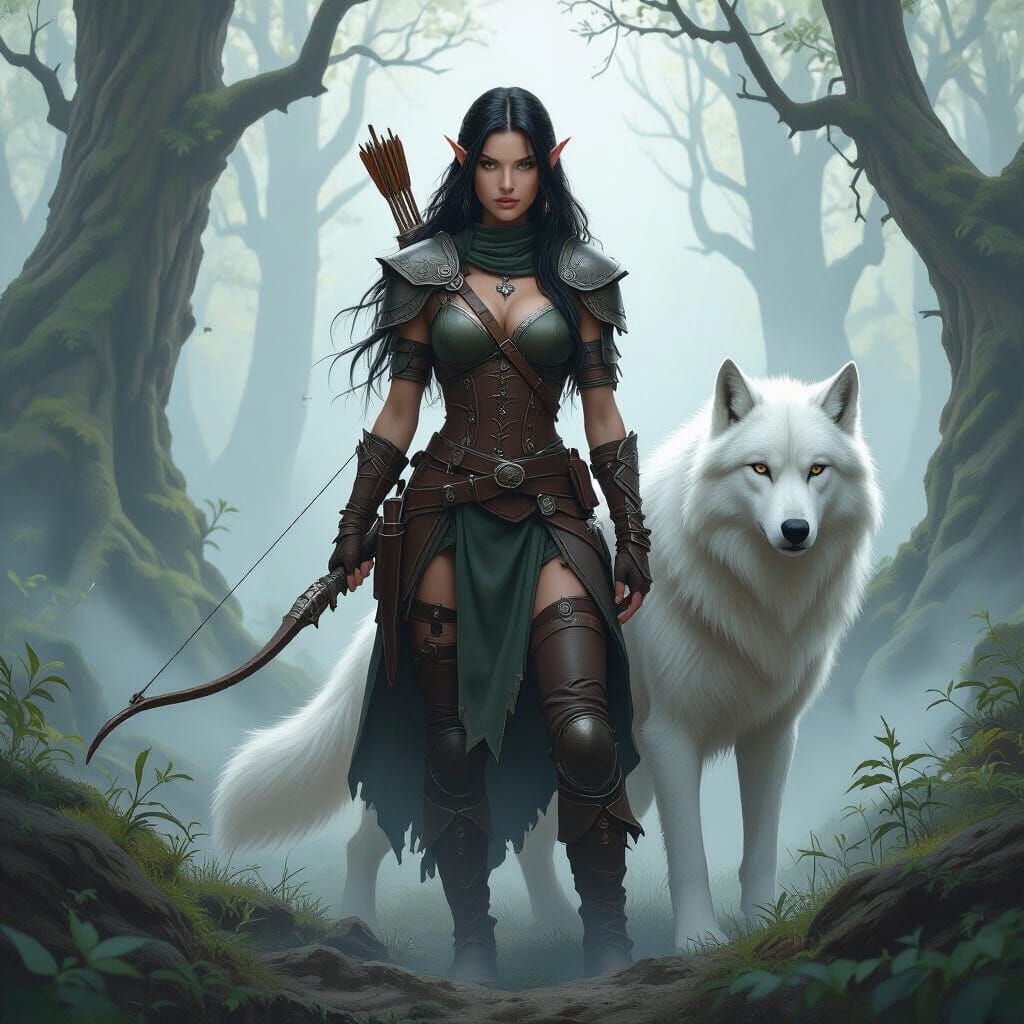 Elf Ranger and White Wolf in Misty Forest