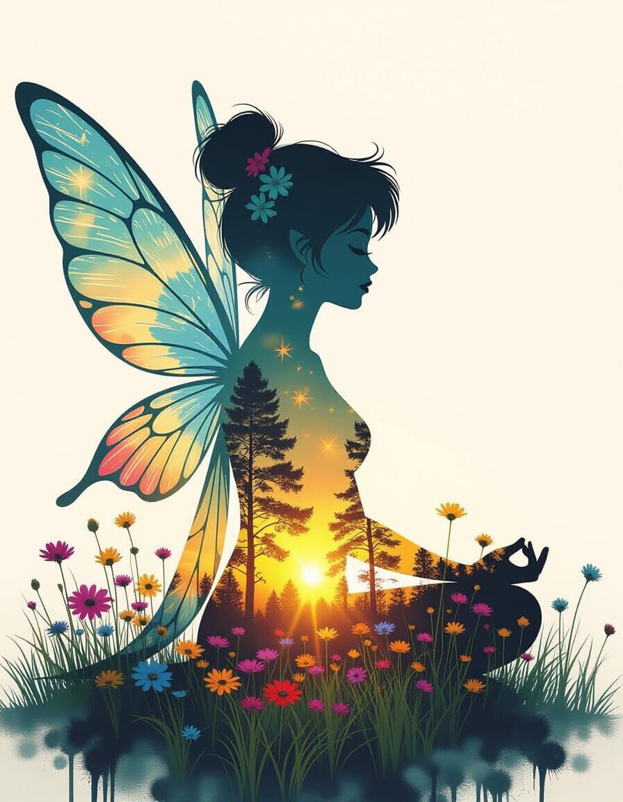 Fairy Meditation Silhouette in Wildflower Meadow