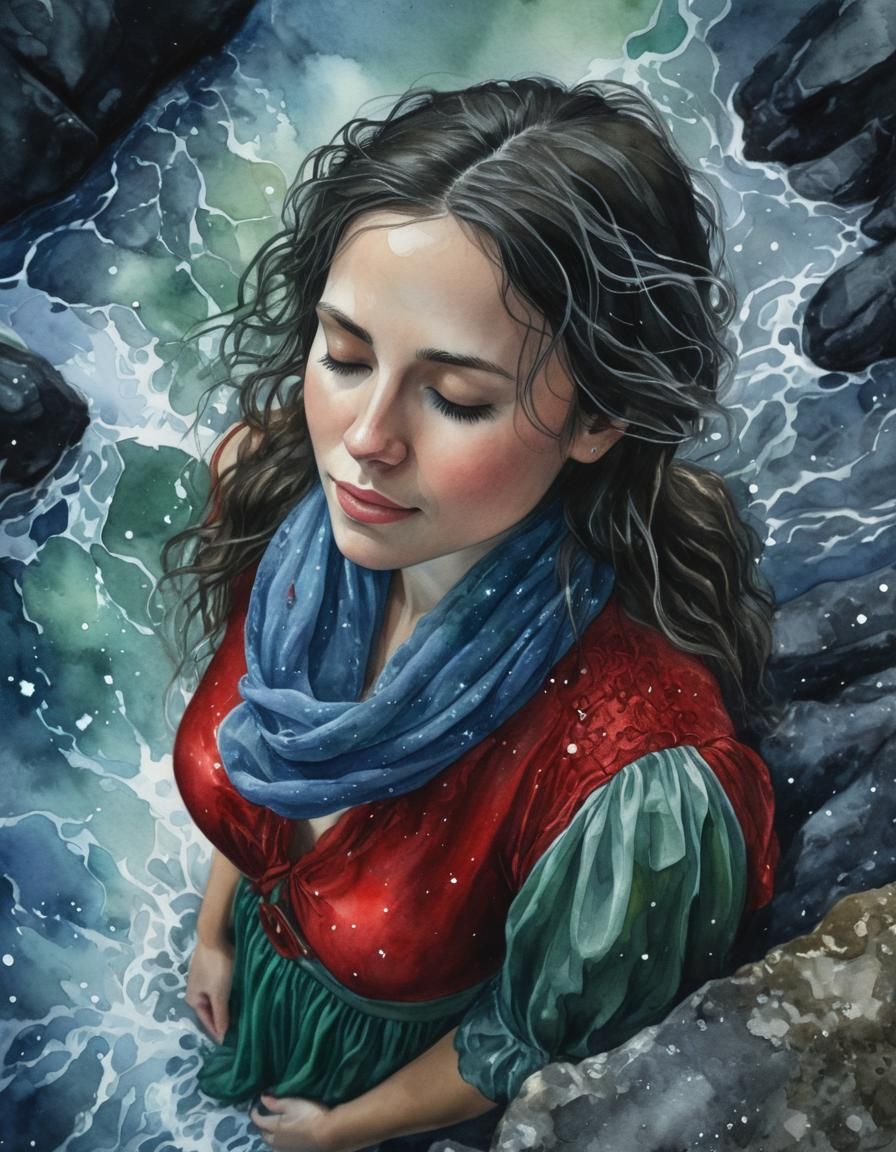 Watercolor Portrait: Woman on Rocky Shore at Night