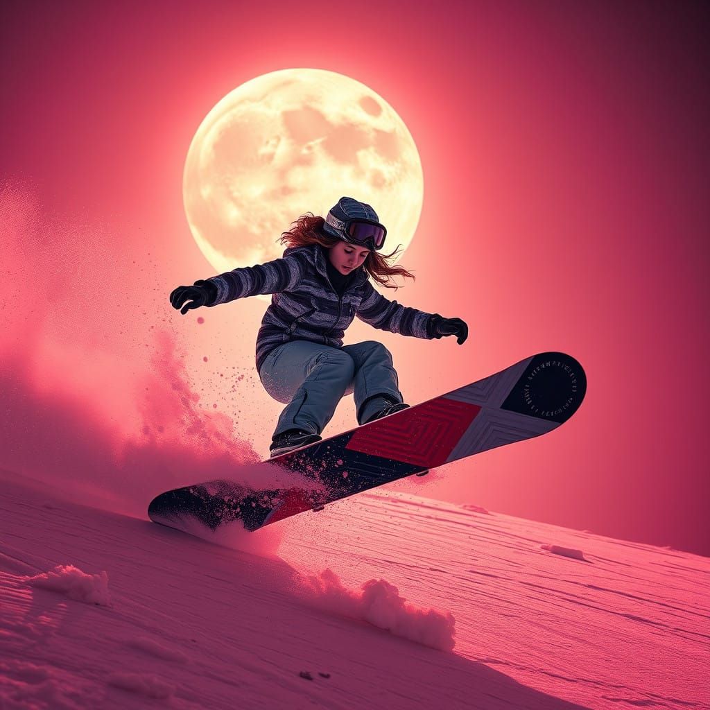 Dystopian Snowboarding Goddess in Triadic Maroon Hues