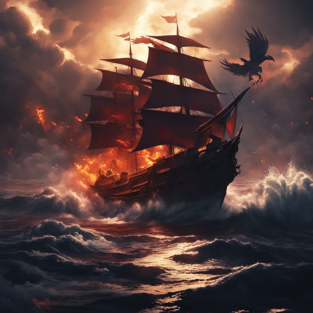 Epic Dark Fantasy Pinishi Ship in Hurricane Storm
