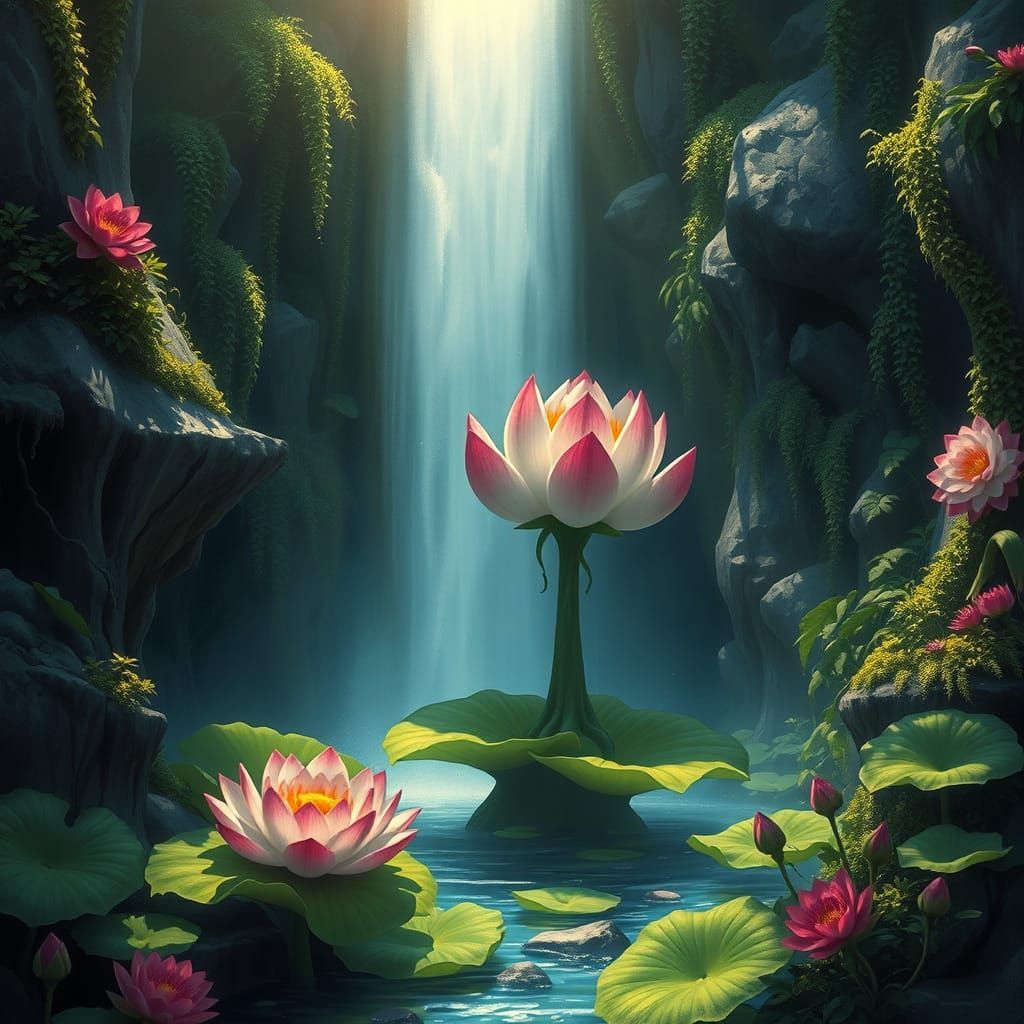 Lotus Flower Fae Ambush in Enchanted Waterfall Oasis