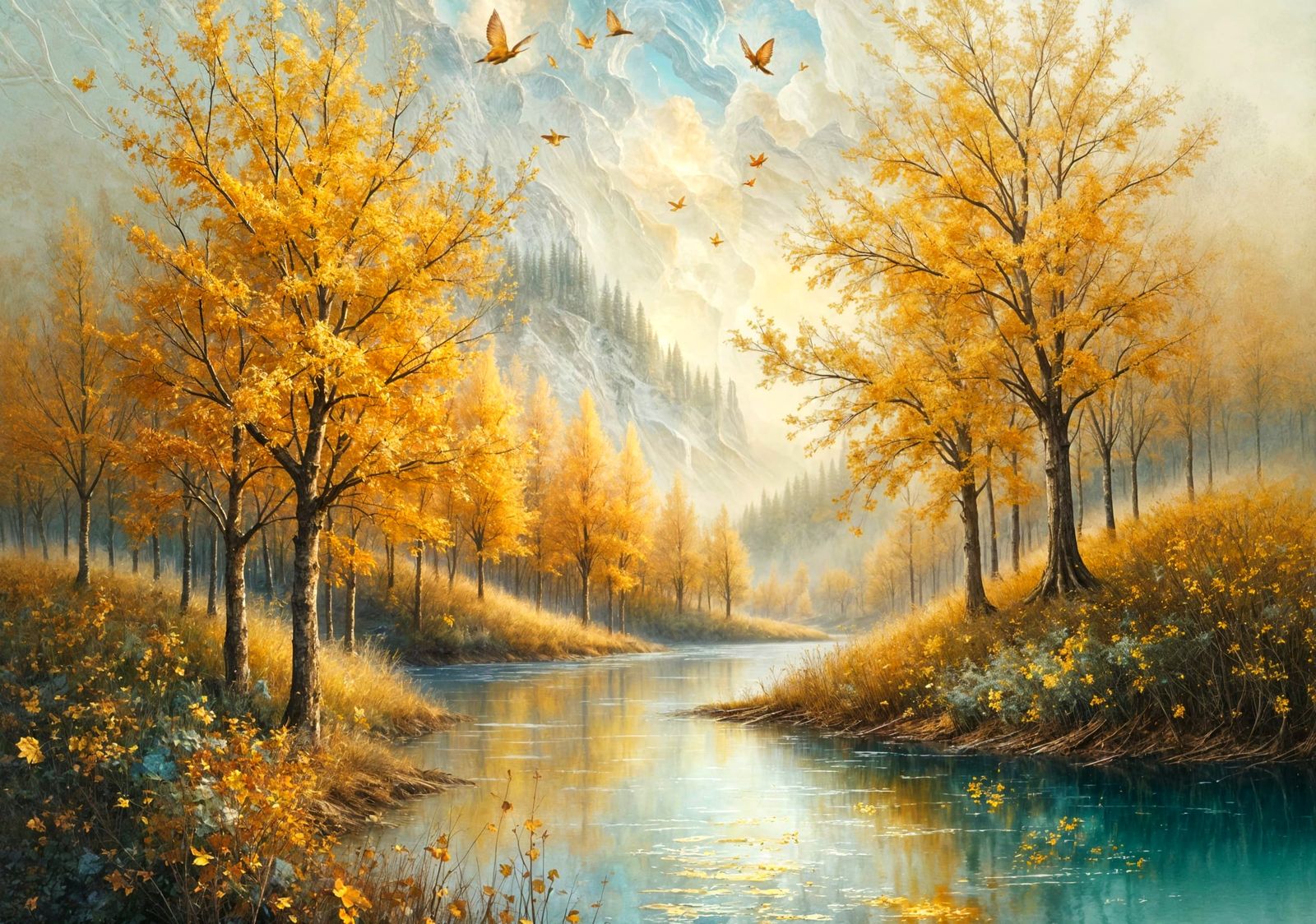 Ethereal Golden Misty Landscape with Poplar Trees