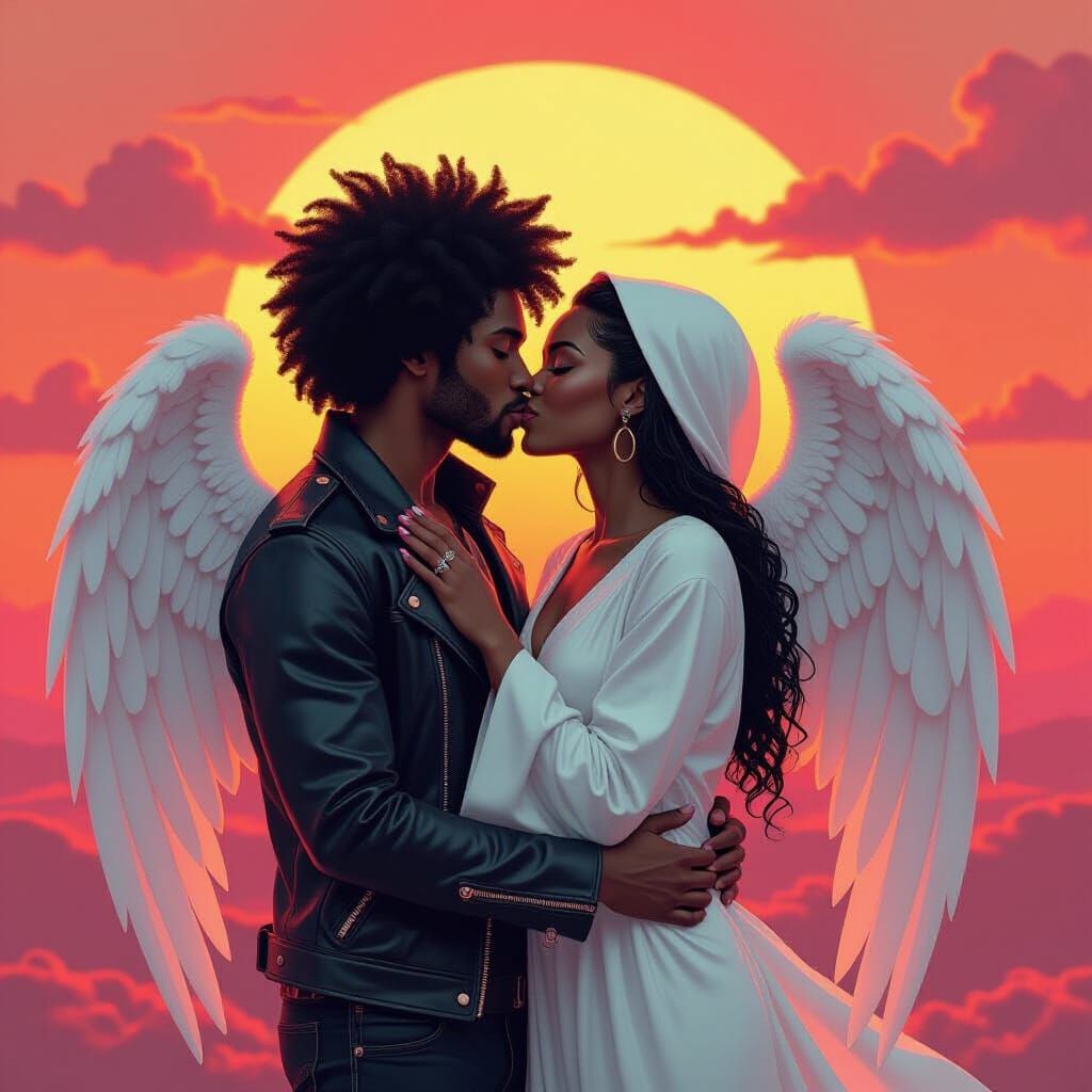 Angelic Embrace: A Romantic Fantasy Sunset