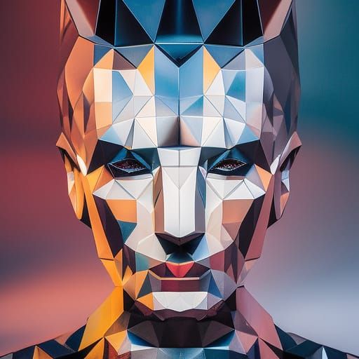 Shattered Glass Portrait with Iridescent Geometric Crystals