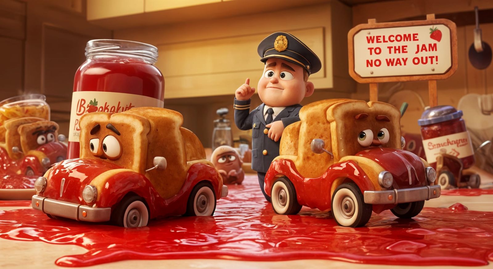 Toast Car Jam in Giant Kitchen, Pixar Style