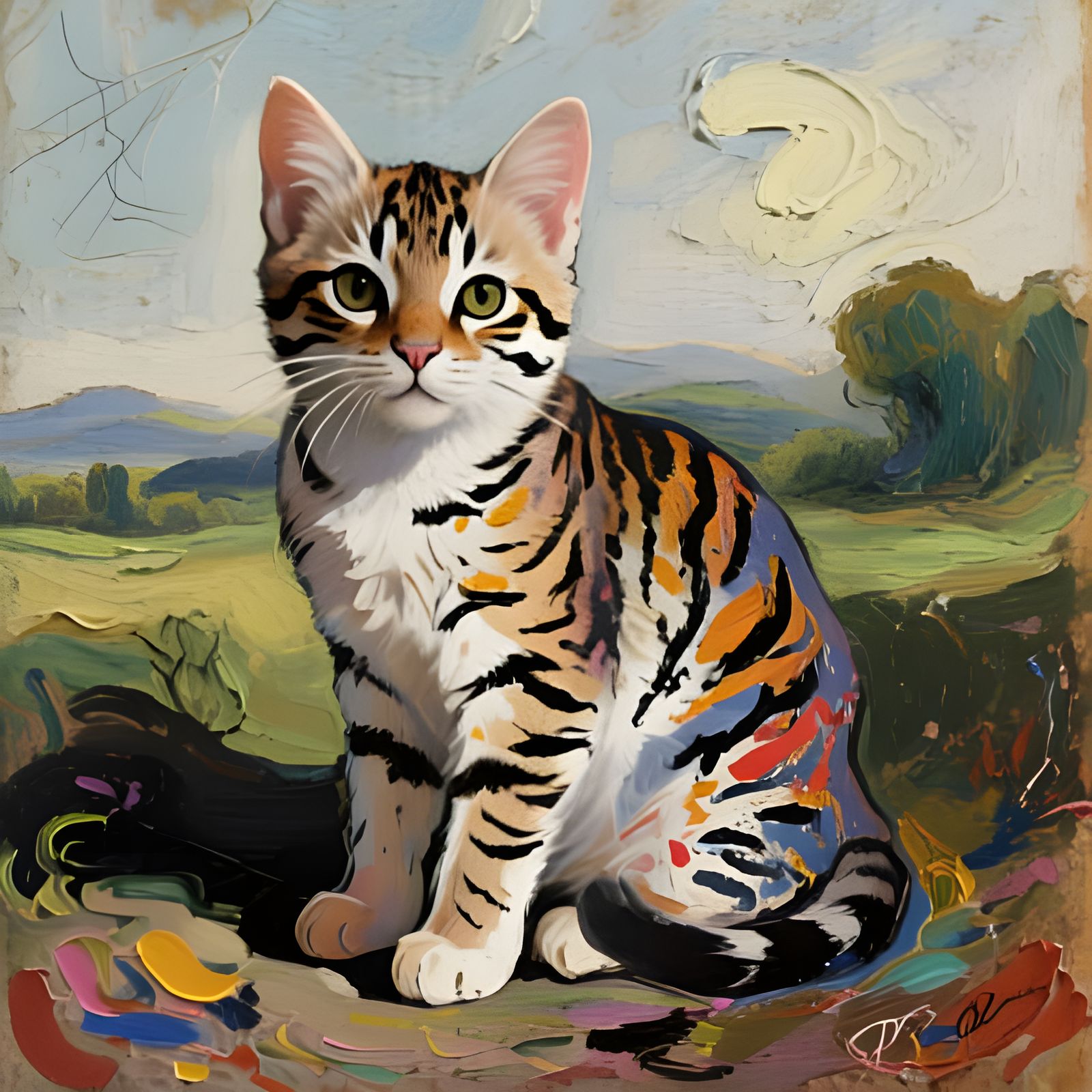 Cat Half Painted as Tiger in Abstract Textured Style