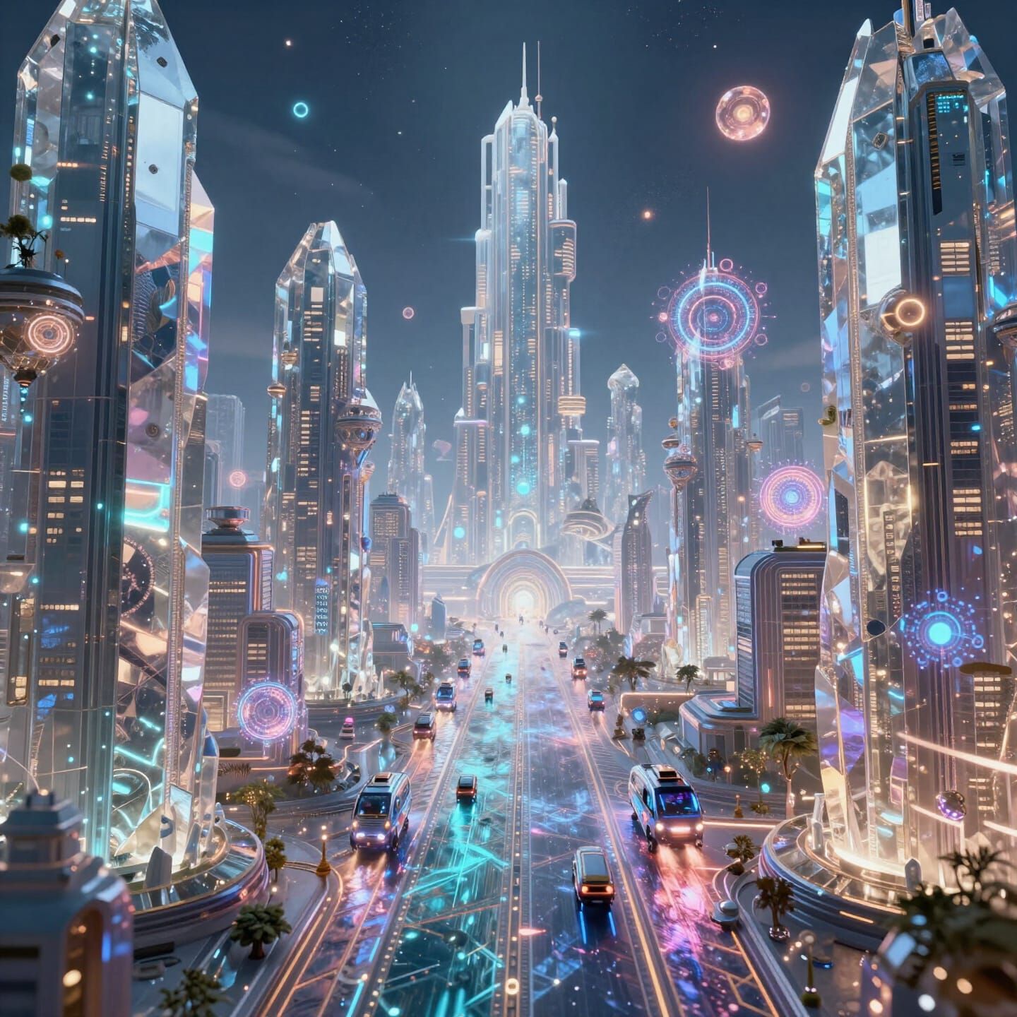 Sci-Fi Crystal City with Light Streets and Holographic Vehic...