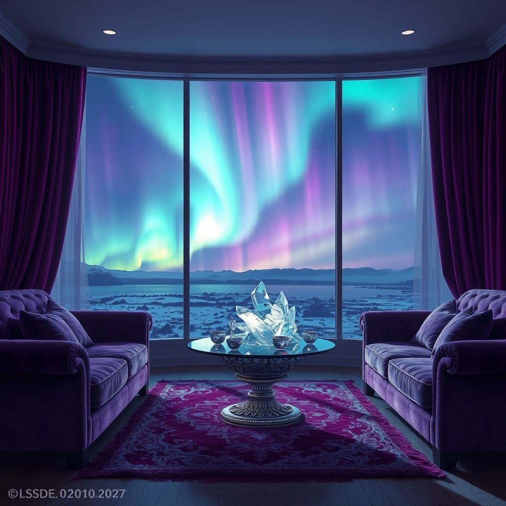 Dreamlike Sitting Room under Aurora Borealis in Unreal Engin...